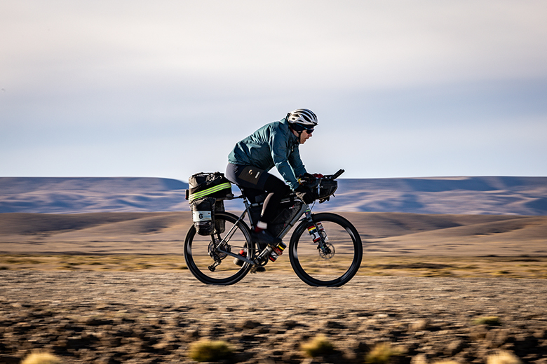 Cyclist riding through Patagonia