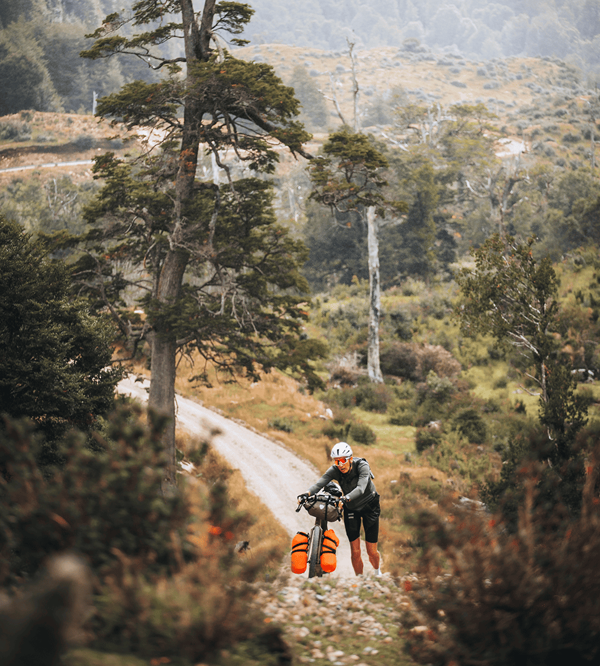 Cyclist riding through Patagonia forest